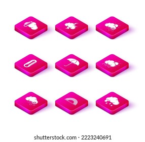 Set Windy weather, Rainbow with clouds, Thermometer, Classic elegant opened umbrella, Cloud rain, and sun,  and Storm icon. Vector