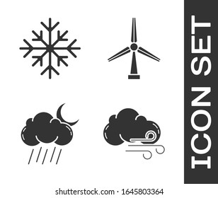 Set Windy weather, Snowflake, Cloud with rain and moon and Wind turbine icon. Vector