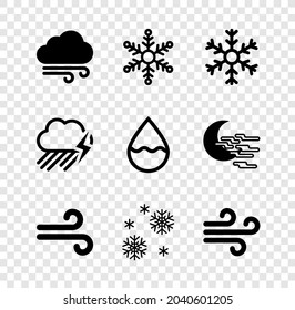 Set Windy weather, Snowflake,  and  icon. Vector