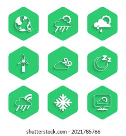 Fijar clima eólico, copo de nieve, nube de ubicación, Tiempo de dormir, Arcoiris con y lluvia, turbina, sol de nubes y porcentaje de caída de agua. Vector