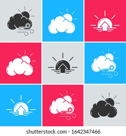 Set Windy weather, Sun and cloud weather and Sunrise icon. Vector