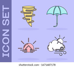 Set Windy weather, Tornado, Sunrise and Classic elegant opened umbrella icon. Vector