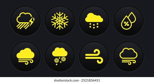 Set Windy weather, Wassertropfen Prozentsatz, Wolke mit Schnee, und Schneeflocken-Symbol. Vektorgrafik