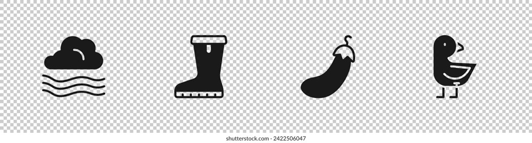 Set Windy weather, Waterproof rubber boot, Eggplant and Little chick icon. Vector