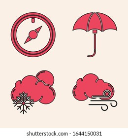Fija el clima Windy, rosa Viento, Clásico elegante paraguas abierto y Nube con la nieve y el icono del sol. Vector