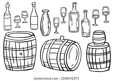 Conjunto de barriles de vino y cerveza, botellas y vasos aislados de fondo blanco. El conjunto de barriles tradicionales. Ilustración vectorial.