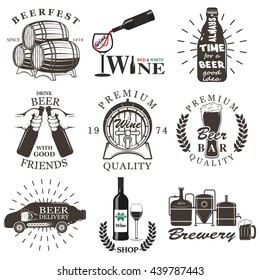 Set of wine and beer signs, badges