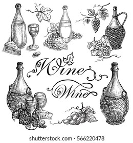 Set of wine bottle and barrel and grapes in graphic style hand-drawn vector illustration