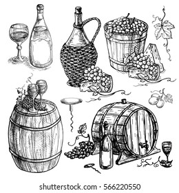 Set of wine bottle and barrel and grapes in graphic style hand-drawn vector illustration