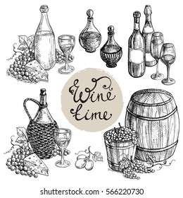 Set of wine bottle and barrel and grapes in graphic style hand-drawn vector illustration