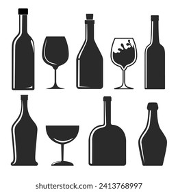 set of wine bottle, beer bottle, alcohol bottle,vector with black silhouette