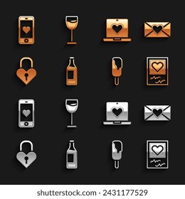 Set Wine bottle, Envelope with Valentine heart, Photo frames and hearts, Ice cream, Castle the shape of, Dating app online, Mobile and glass icon. Vector