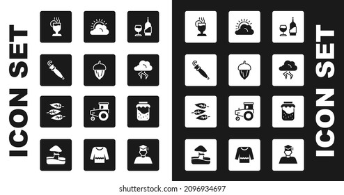 Set Wine bottle with glass, Acorn, Umbrella, Mulled wine, Storm, Sun and cloud weather, Jam jar and Leaf leaves icon. Vector