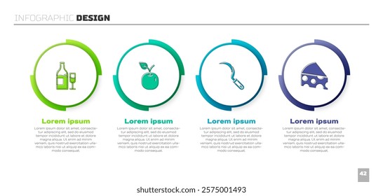 Set Wine bottle with glass, Apple, Sickle and Cheese. Business infographic template. Vector