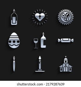 Set Wine Bottle With Glass, Burning Candle Candlestick, Church Building, Candy, Paint Brush, Easter Egg, Wicker Nest And Bottle Of Wine Icon. Vector