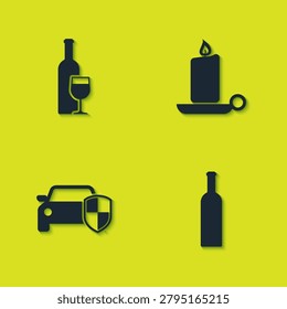 Set Wine bottle with glass, Bottle of wine, Car protection or insurance and Burning candle candlestick icon. Vector