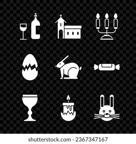 Set Wine bottle with glass, Church building, Candelabrum candlesticks, Burning, Easter rabbit, Broken egg and  icon. Vector