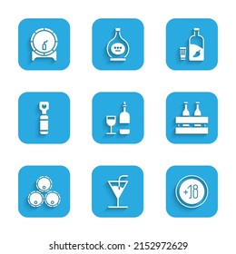 Set Wine bottle with glass, Cocktail, Alcohol 18 plus, Pack of beer bottles, Wooden barrels, Bottle opener, Vodka pepper and and on rack icon. Vector