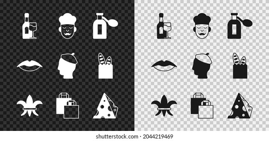Set Wine bottle with glass, Cook, Perfume, Fleur De Lys, Paper shopping bag, Cheese, Smiling lips and French man icon. Vector