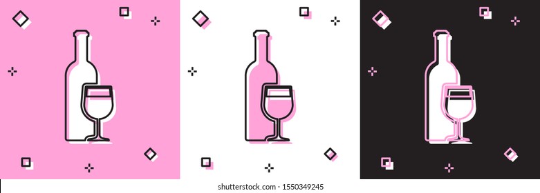 Set Wine bottle with wine glass icon isolated on pink and white, black background.  Vector Illustration