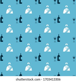Set Wine bottle with glass and Jesus Christ on seamless pattern. Vector