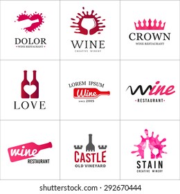 Set of wine bottle glass logo. Original winery sign design. Old vineyard vector elements.