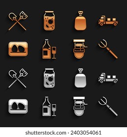 Set Wine bottle with glass, Pickup truck, Garden pitchfork, Well bucket, Chicken egg, Full sack, Shovel and Jam jar icon. Vector