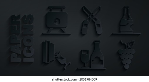 Set Wine bottle with glass, Bottle of wine, tasting, degustation, Bunch grapes, Gardening scissors and Fermentation icon. Vector