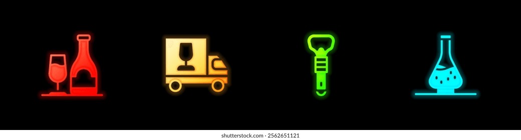 Set Wine bottle with glass, truck, Bottle opener and Decanter for wine icon. Vector