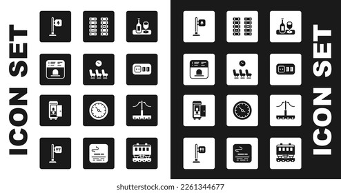 Set Wine bottle with glass, Waiting room, Ticket office to buy tickets, Road traffic signpost, Electrical outlet, Railway, railroad track,  and Toilet the train car icon. Vector