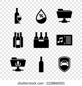 Set Wine bottle with glass, Water drop percentage, FTP folder, upload, Bottle of wine and Car protection or insurance icon. Vector