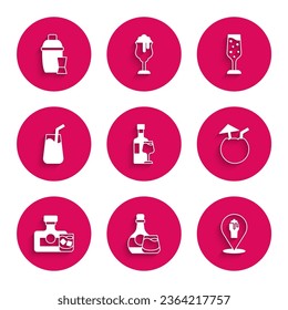 Set Wine bottle with glass, Whiskey and, Alcohol or beer bar location, Coconut cocktail, Cocktail, Glass of champagne and shaker icon. Vector