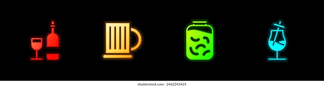 Set Wine bottle with glass, Wooden beer mug, Pickled cucumbers jar and Cocktail icon. Vector