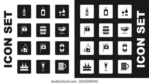 Set Wine bottle with glass, Wooden barrel, Street signboard Bar, Glass of vodka, Cocktail, Whiskey, Beer can and Vodka pepper and icon. Vector