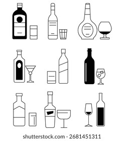 Set of wine bottle with wine glasses in line icons. Wine bottle and glasses silhouette vector. Minimalist wine bottles and glasses illustration conveys elegance. Vector illustration.