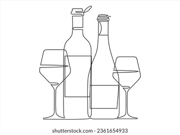 Set of wine bottle and glasses vector one line continuous drawing illustration.Vector illustration