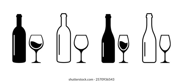 Set of wine bottle with wine glasses vector icons. Silhouette bottle and glass of wine vector. Alcohol glass icon