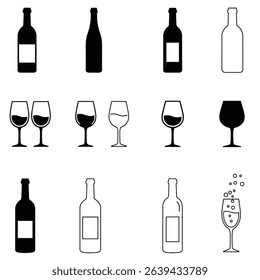 Set of wine bottle with wine glasses vector icons. Drink alcohol.