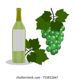 Set of Wine bottle and grapes isolated in the white background. Flat Design Vector Illustration