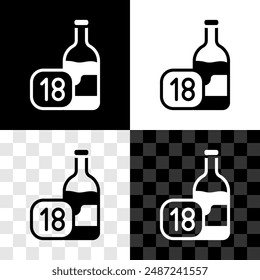 Set Wine bottle icon isolated on black and white, transparent background. Age limit for alcohol.  Vector