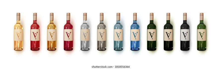 Juego de botellas de vino aisladas en fondo blanco. Diseño realista. ilustración vectorial