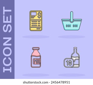 Set Wine bottle, Paper or financial check, Bottle with milk and Shopping basket icon. Vector