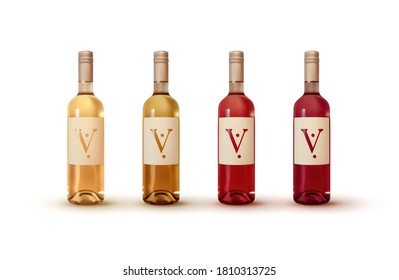 Conjunto de botellas de vino rojo y blanco aisladas sobre fondo blanco. Diseño realista. ilustración vectorial