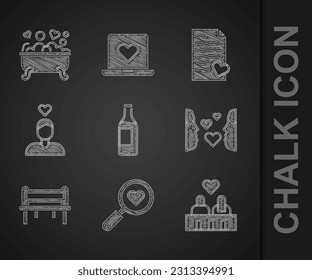 Set Wine bottle, Search heart and love, Couple, Love at first sight, Romantic bench, Envelope with Valentine and bathroom icon. Vector