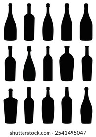 Conjunto de botellas de vino Siluetas en varias Formas. Vector aislado sobre fondo blanco.