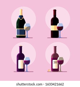 set of wine bottle with wineglass vector illustration design