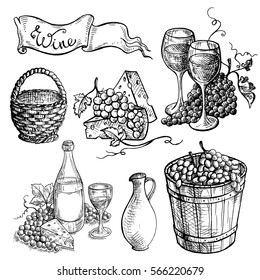 Set of wine bottle and wineglasses and grapes in graphic style hand-drawn vector illustration