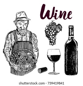 Set of wine bottle and wineglasses and grapes in graphic style hand-drawn vector illustration