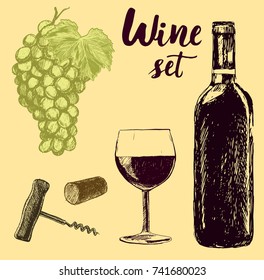 Set of wine bottle and wineglasses and grapes in graphic style hand-drawn vector illustration