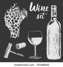Set of wine bottle and wineglasses and grapes in graphic style hand-drawn vector illustration